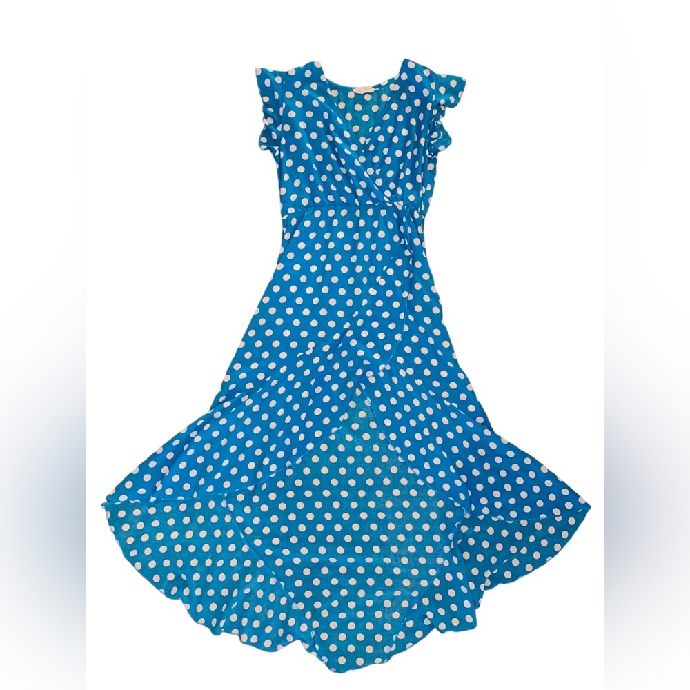 GC GRECERELLE High-Low Maxi Dress Wrap Light Blue W/ White Polk Dots Size Medium